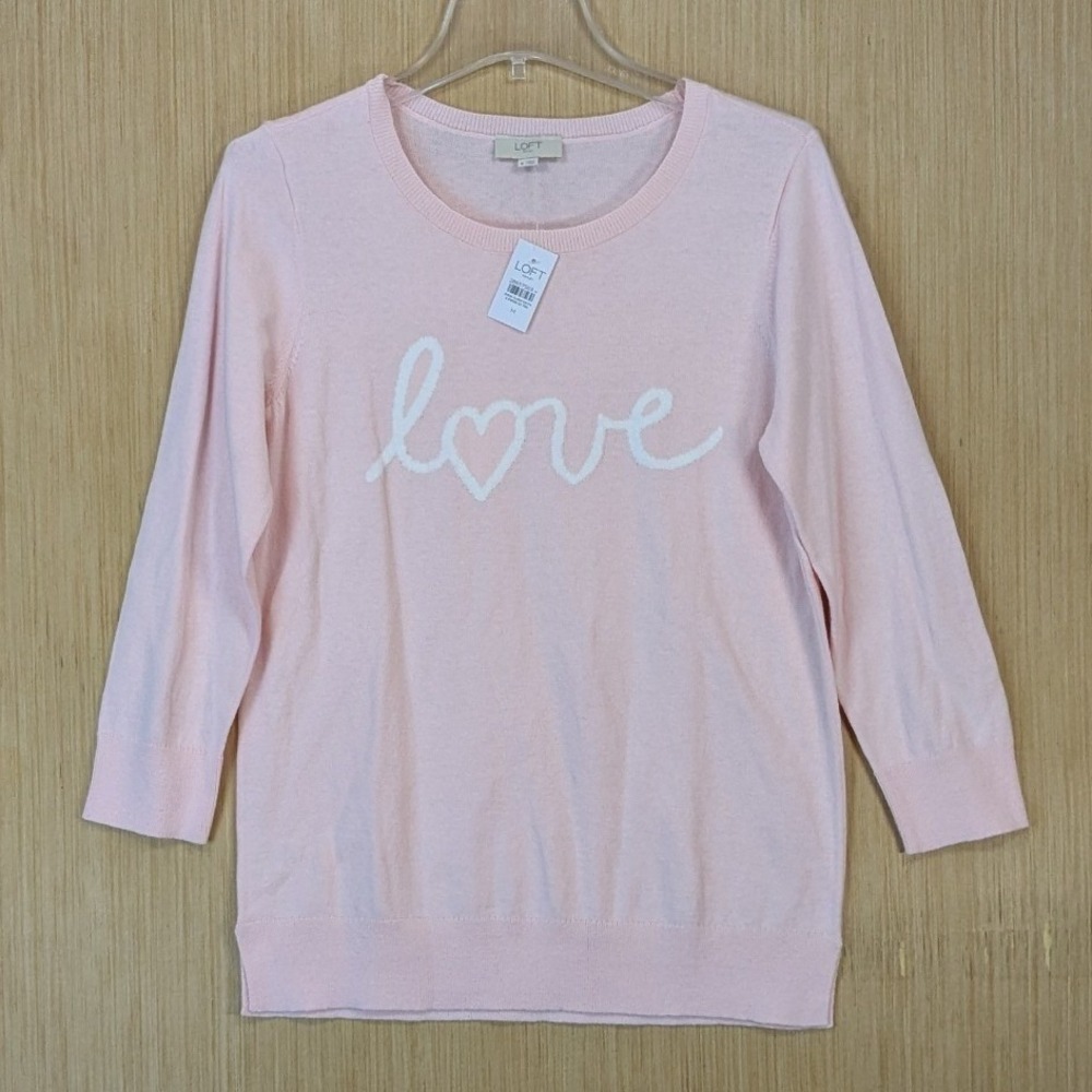 Loft Womens Love Heart Graphic Lightweight Sweater Size M Pastel Pink Cotton NWT